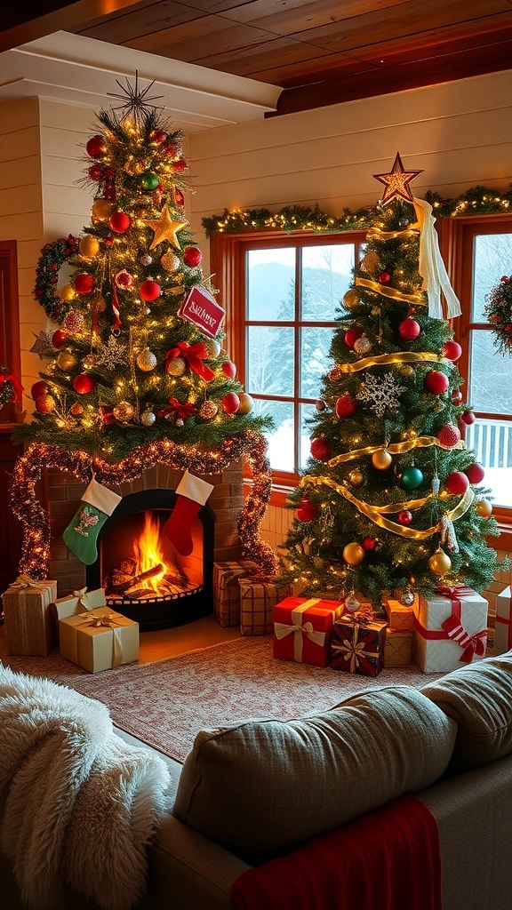 A warm and inviting Christmas living room with a decorated tree, glowing fireplace, and snowy view.